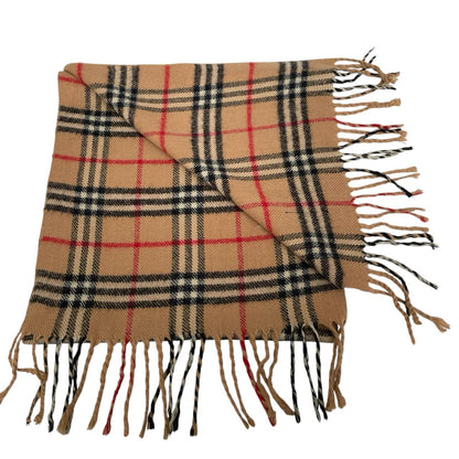 Burberry tan brown lambswool scarf with iconic Nova Check pattern.