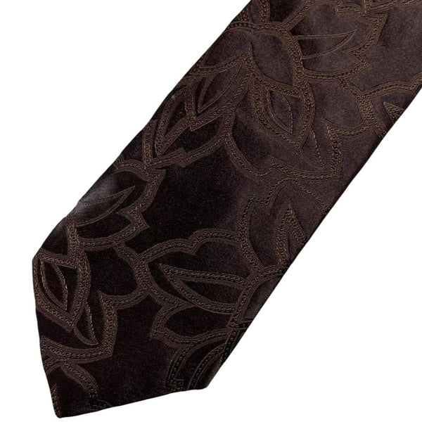 DKNY brown silk tie with vintage floral pattern and logo detail.