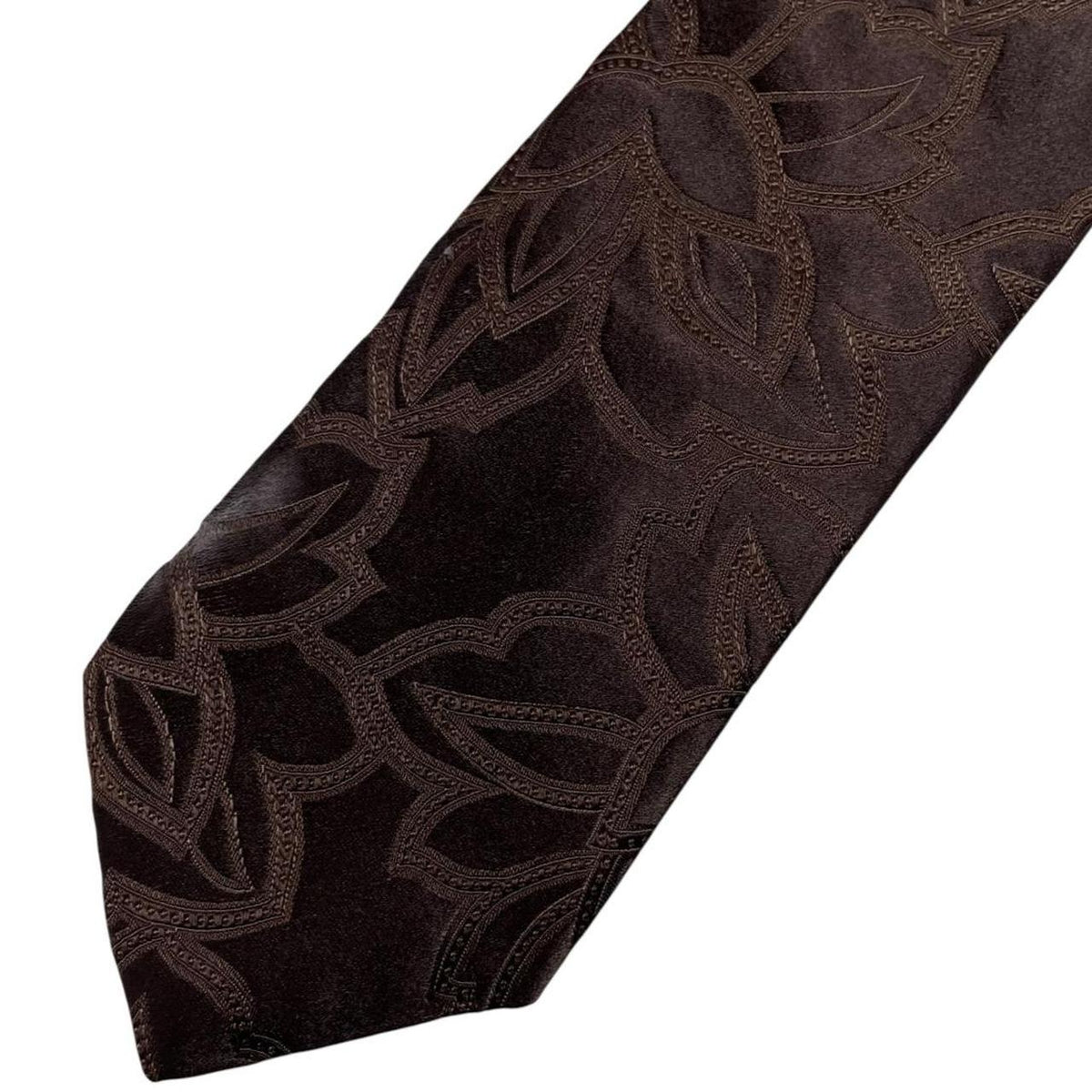 DKNY brown silk tie with vintage floral pattern and logo detail.