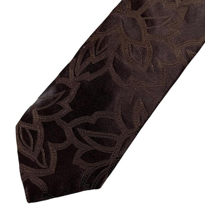 DKNY brown silk tie with vintage floral pattern and logo detail.
