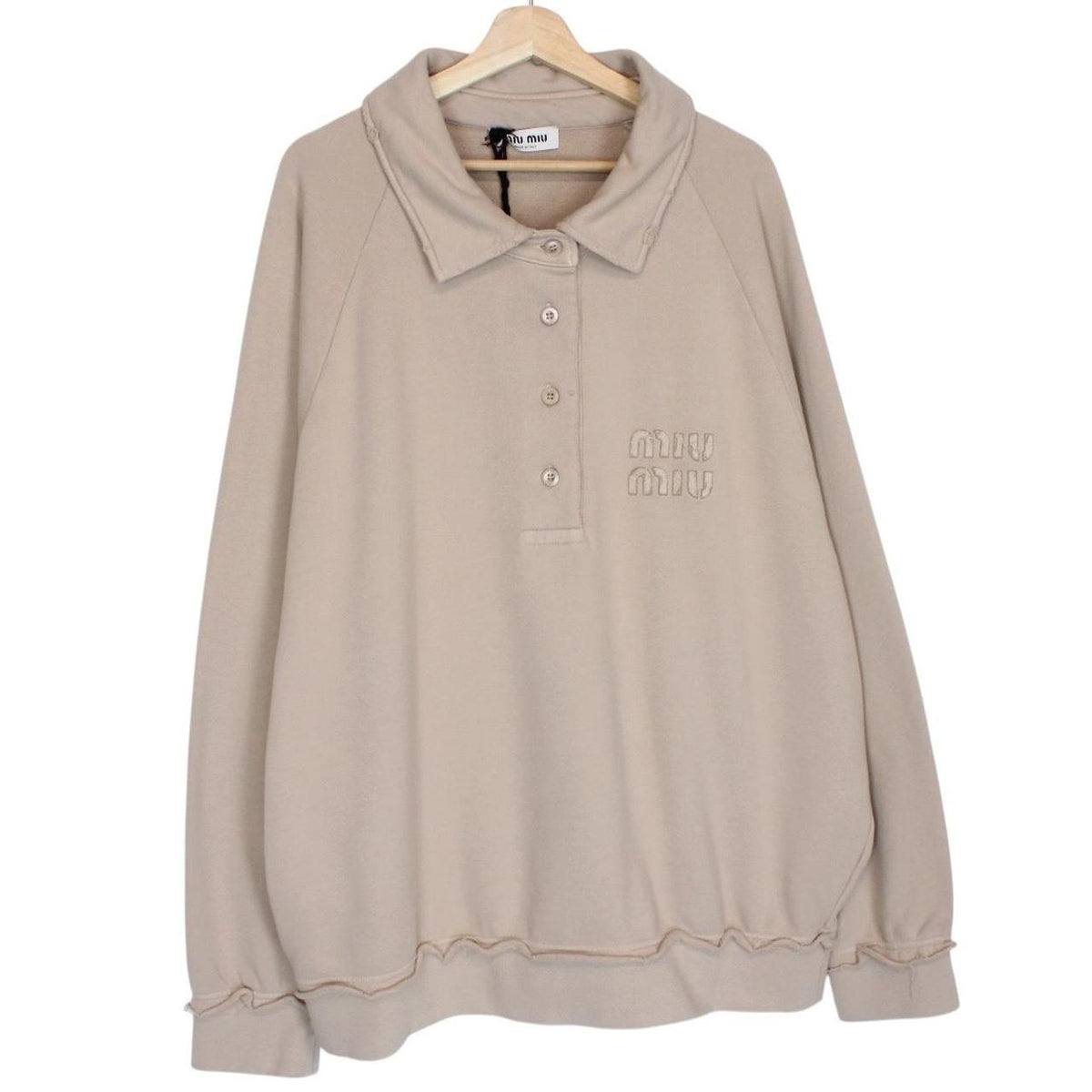 Miu Miu beige cotton polo sweatshirt with embroidered logo, oversized fit, brand new with tags.