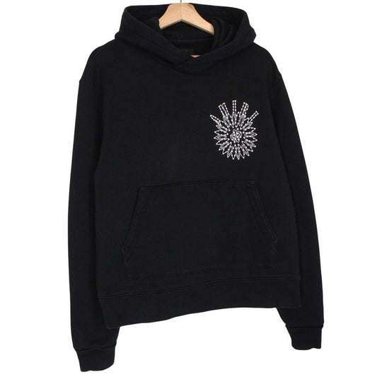 AMIRI black hoodie with rhinestone embellishments and crystal stick poke details.