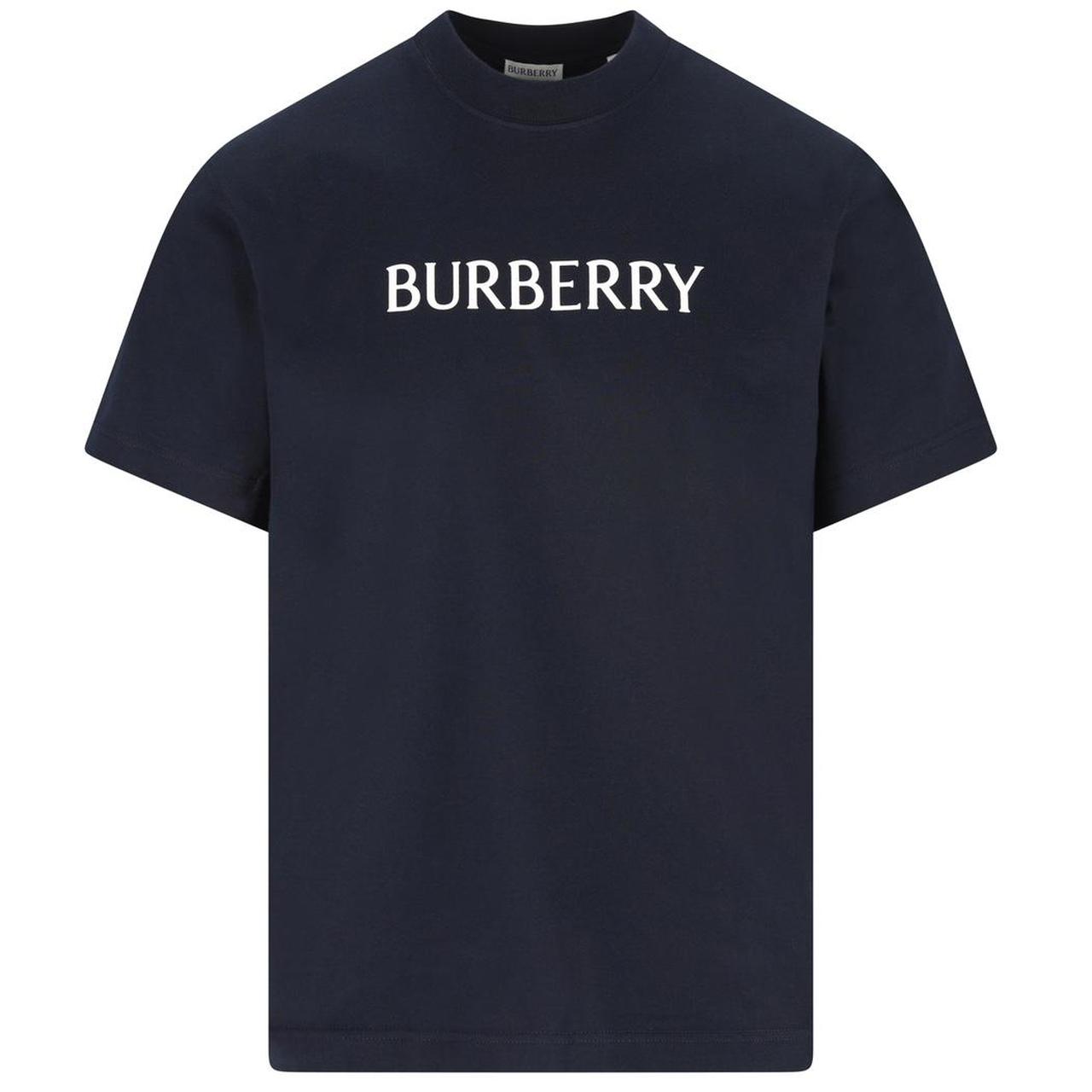 Burberry Navy Blue and White Logo Print Short Sleeve Cotton T-Shirt