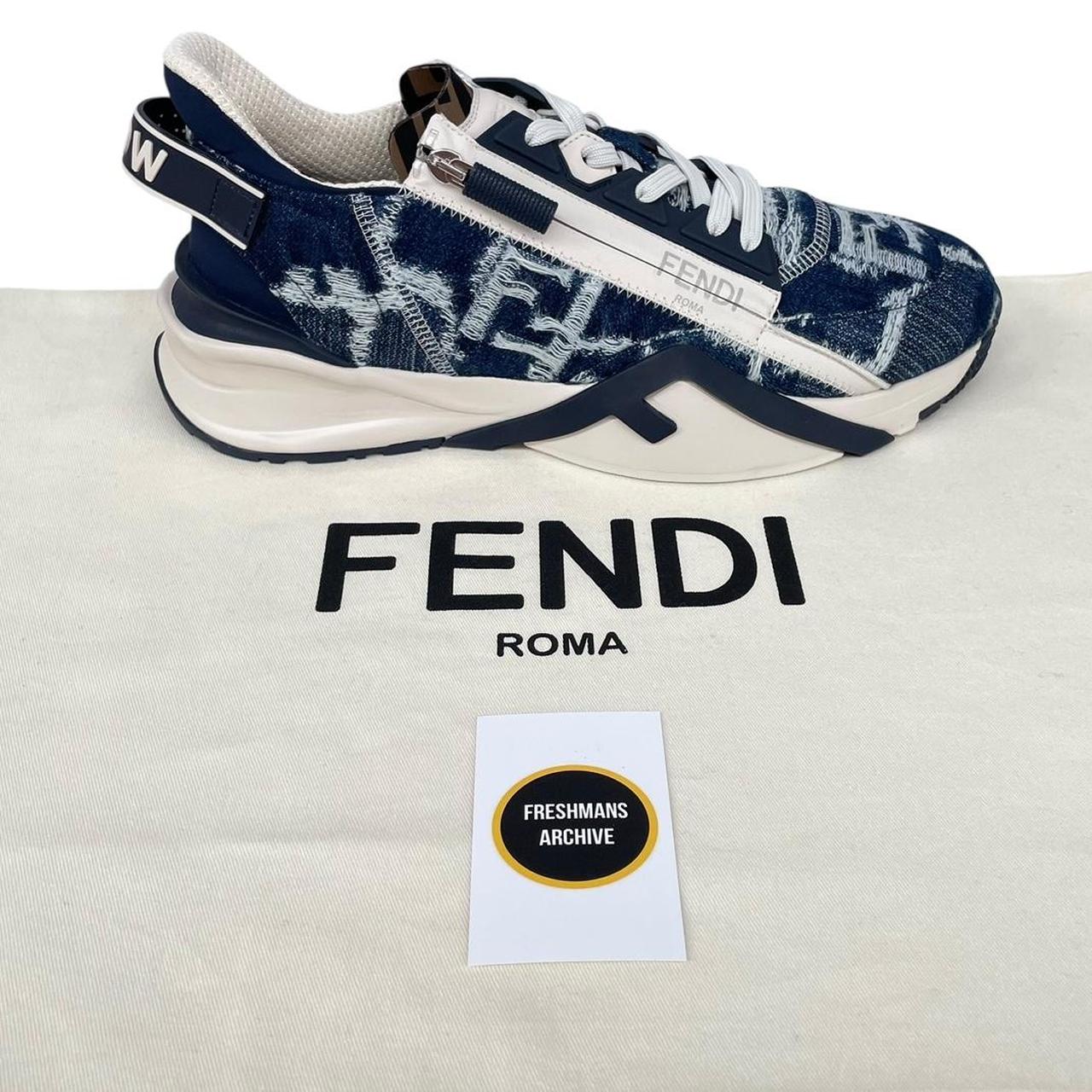 Fendi Flow Navy Blue and Cream Fabric and Leather Trainers