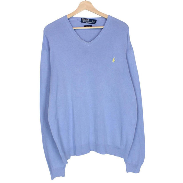 Polo Ralph Lauren blue knit v-neck jumper, soft pima cotton, faint marks visible.