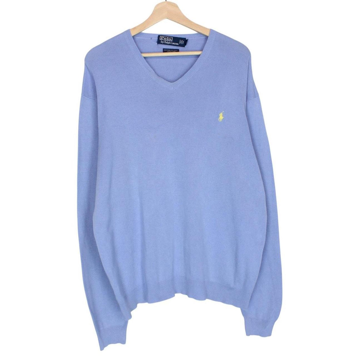 Polo Ralph Lauren blue knit v-neck jumper, soft pima cotton, faint marks visible.
