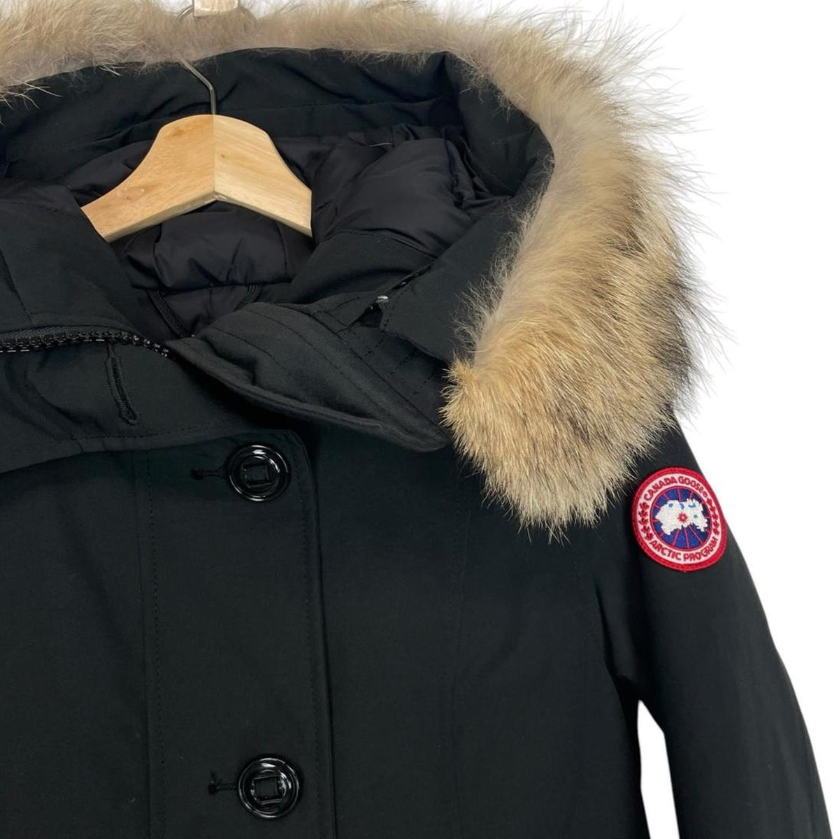 Canada Goose black parka coat with fur trim and logo patch, brand new with tags.