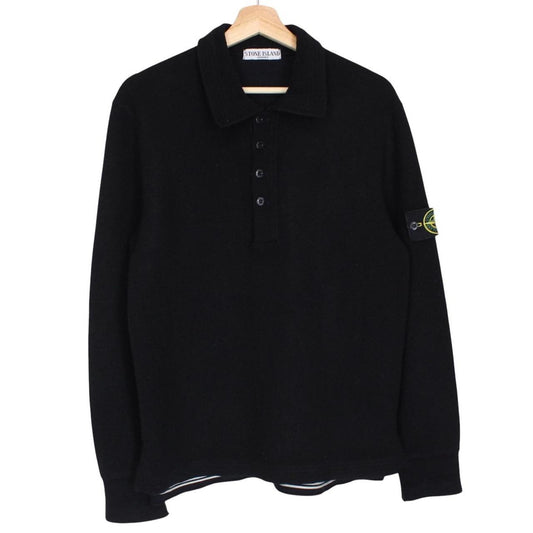 Stone Island black wool knit jumper with iconic compass logo and vintage design.