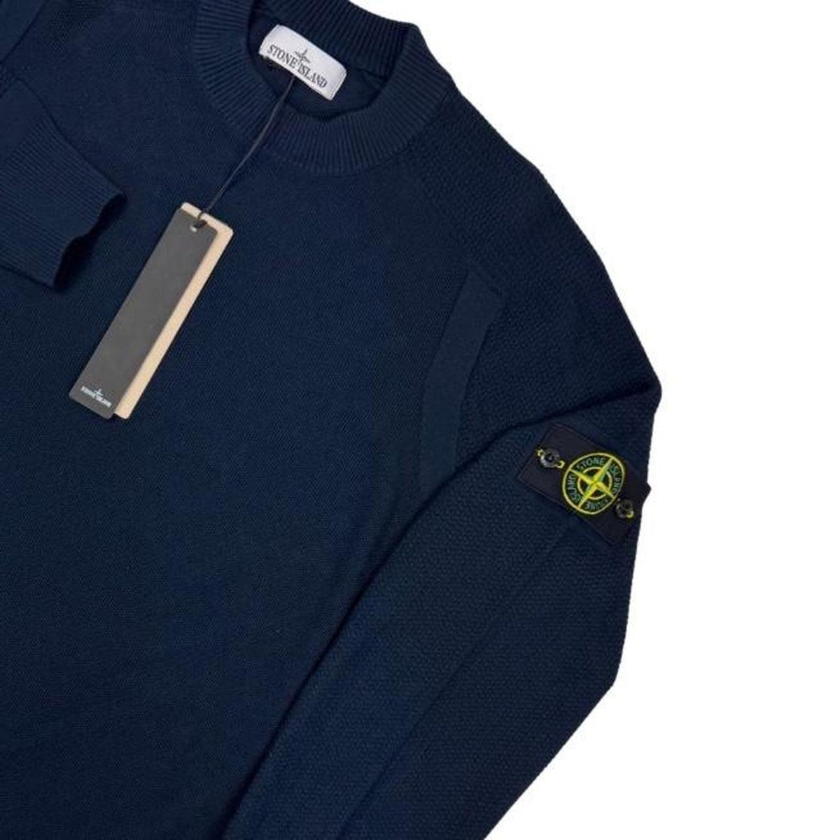 Stone Island navy blue cotton knit jumper with micro stitch detailing and logo patch.