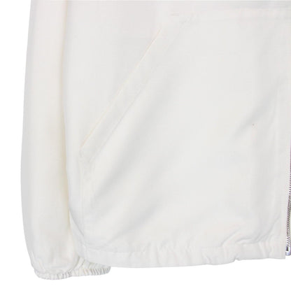 Prada cream silk hooded jacket with triangle logo and full zip detail.