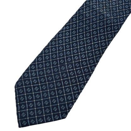 Fendi navy blue silk tie with Zucca monogram pattern and logo detail.