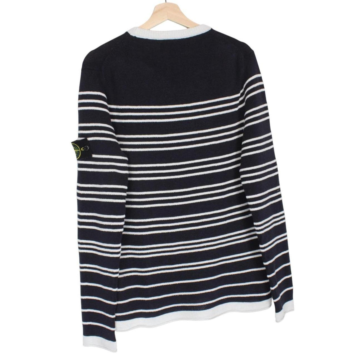Stone Island navy blue and white striped cotton knit jumper with logo patch.
