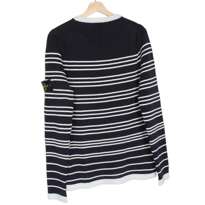 Stone Island navy blue and white striped cotton knit jumper with logo patch.