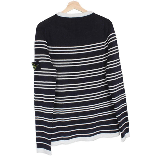 Stone Island navy blue and white striped cotton knit jumper with logo patch.