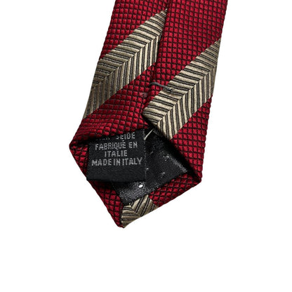 Hugo Boss red striped silk tie with subtle sheen and classic design.