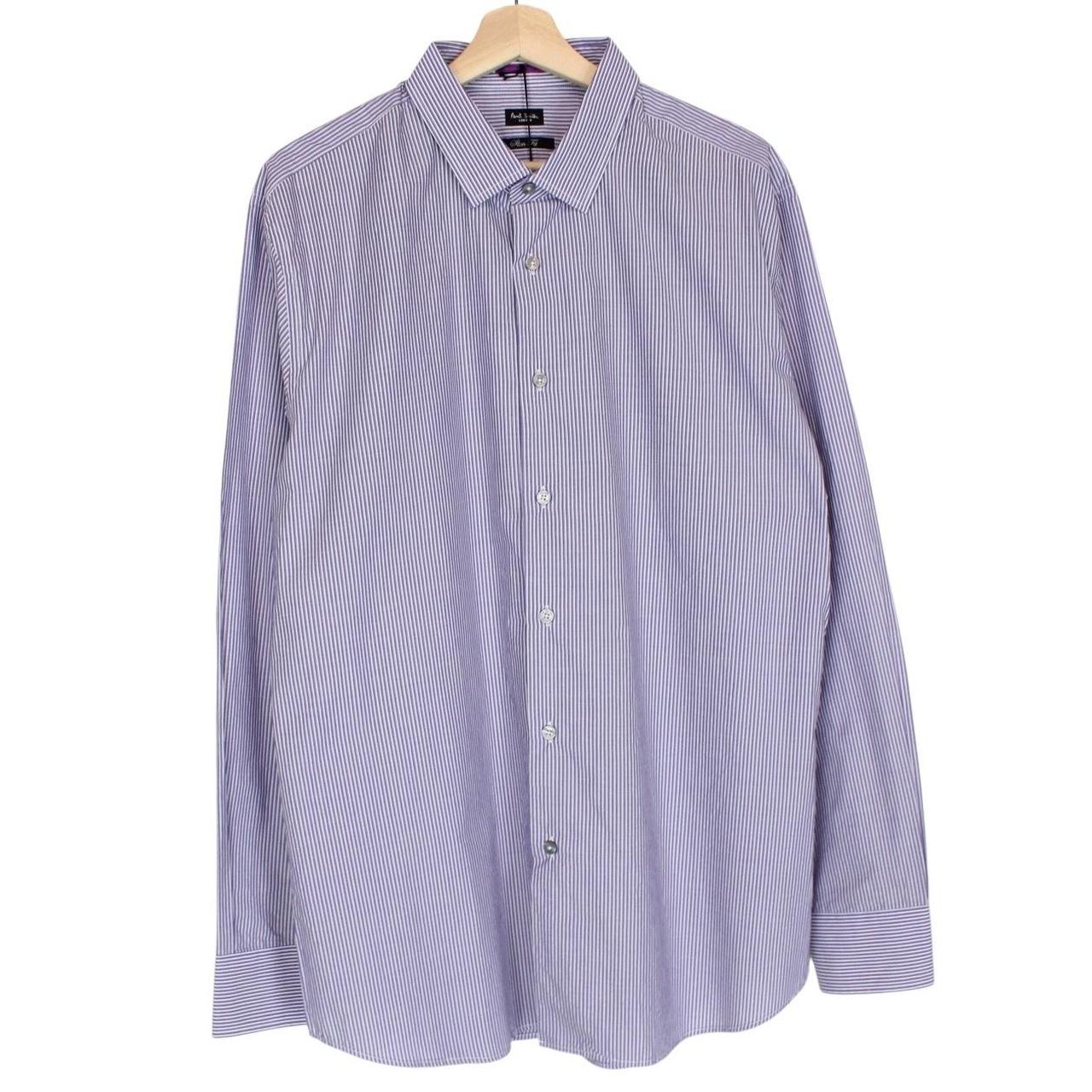 Paul Smith purple and white striped long sleeve cotton shirt with tags attached.