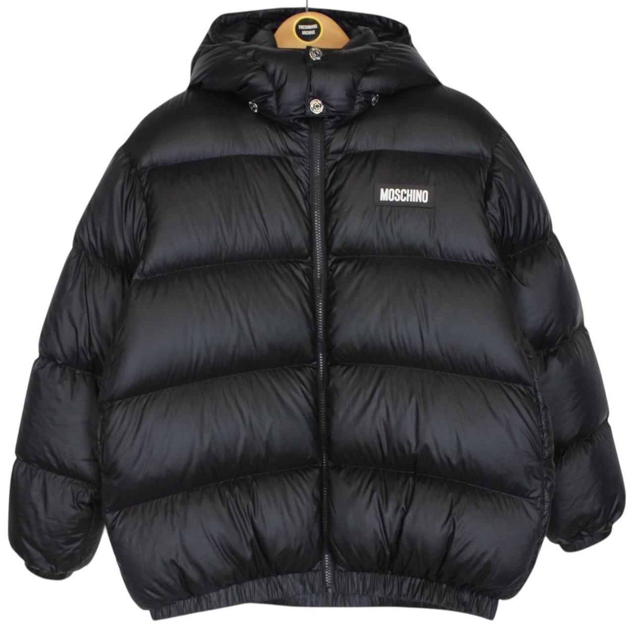 Moschino Black and White Full Zip Logo Print Puffer Jacket