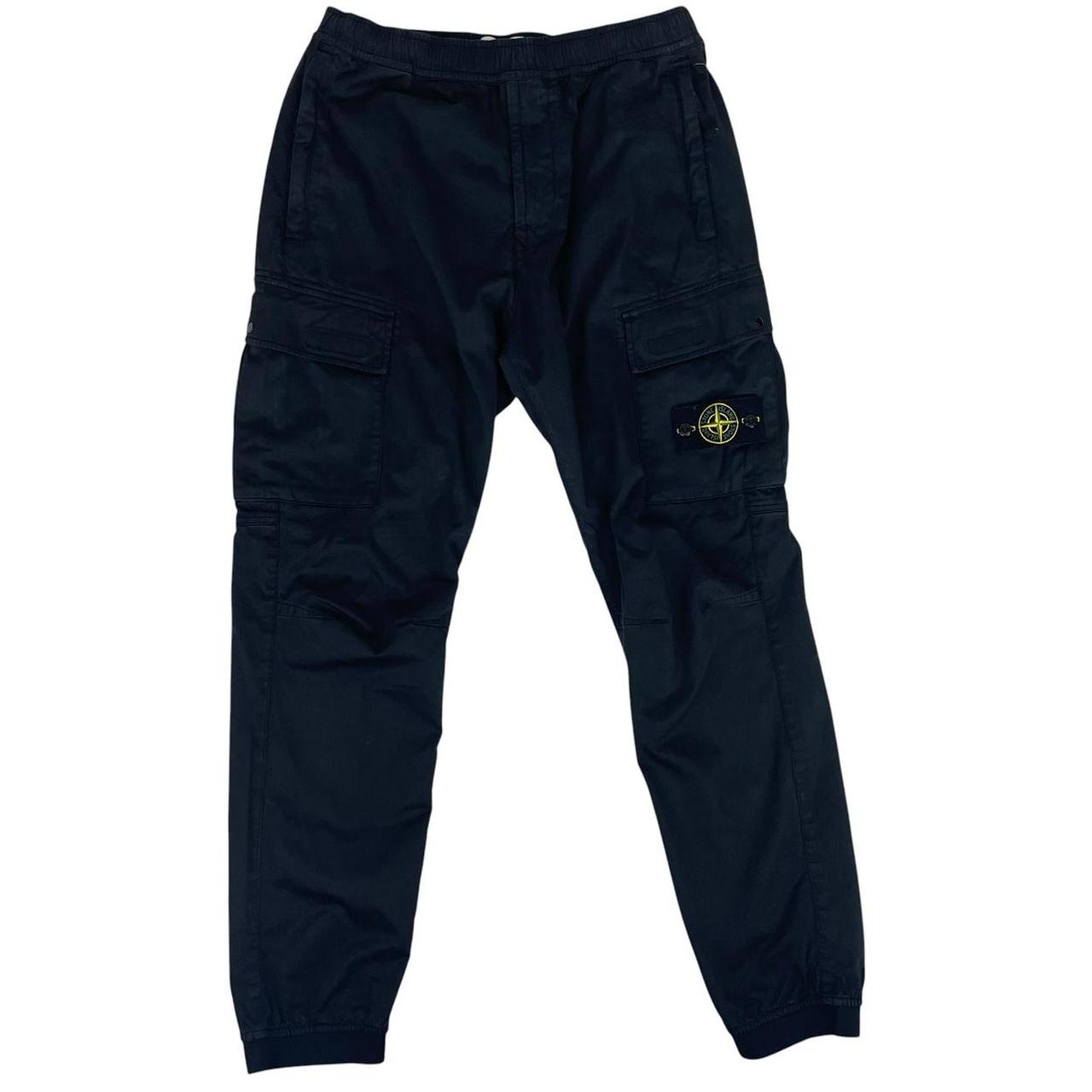 Stone Island black cargo trousers with logo patch and RE-T Fit design.