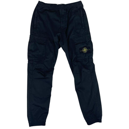 Stone Island black cargo trousers with logo patch and RE-T Fit design.