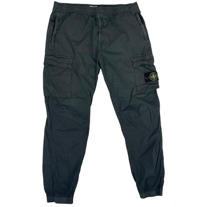 Stone Island grey cargo trousers with logo patch and loose stitch detail.