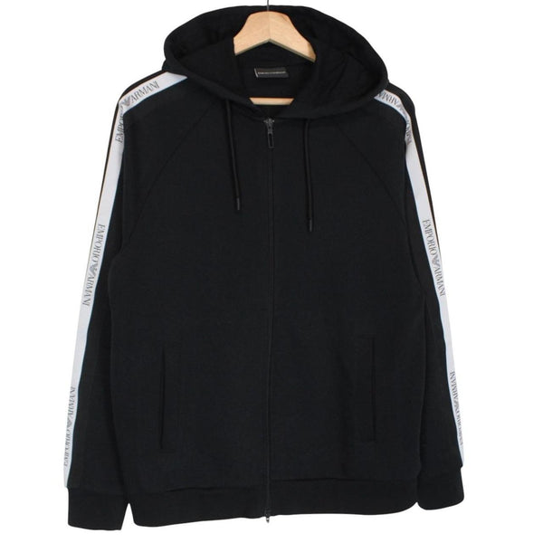 Emporio Armani black full zip hoodie with logo detail and soft cotton material.