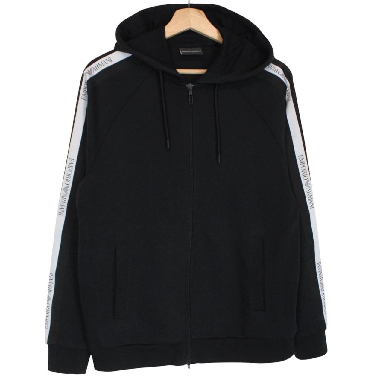 Emporio Armani black full zip hoodie with logo detail and soft cotton material.