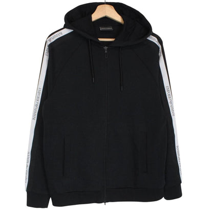 Emporio Armani black full zip hoodie with logo detail and soft cotton material.