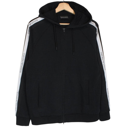 Emporio Armani black full zip hoodie with logo detail and soft cotton material.