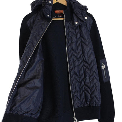Missoni Navy Blue Quilted Shell Cotton Blend Full Zip Hooded Down Jacket
