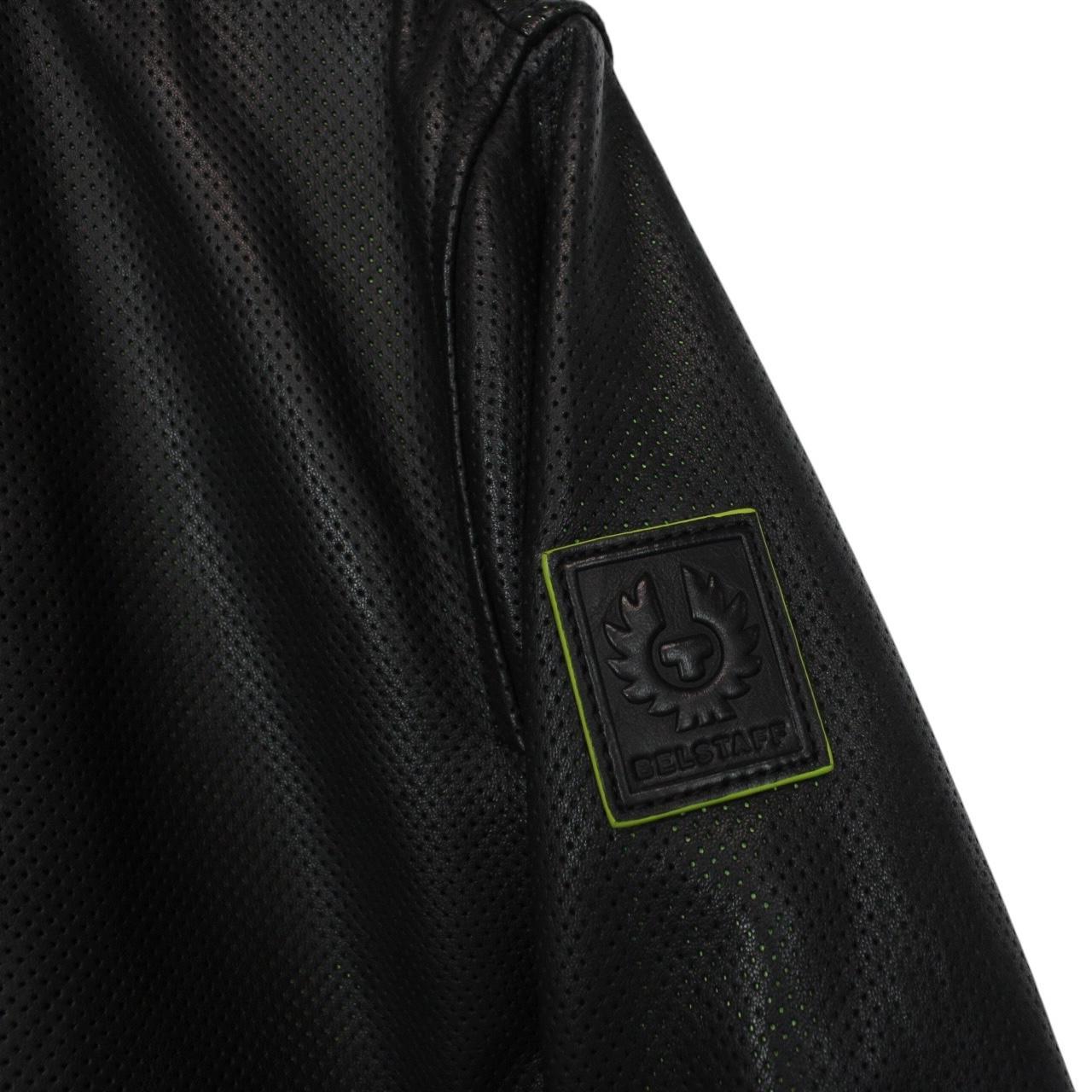 Belstaff black leather bomber jacket with full zip and logo details.