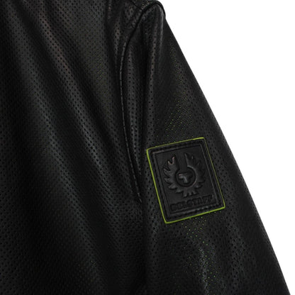 Belstaff black leather bomber jacket with full zip and logo details.