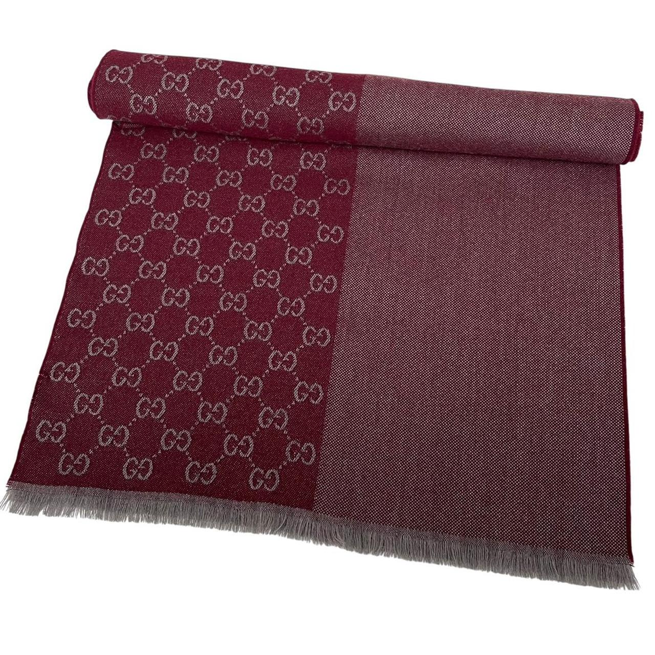 Gucci Burgundy and Grey Half GG Monogram Frayed Wool Scarf
