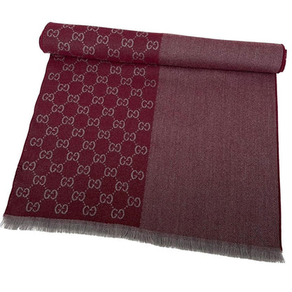 Gucci Burgundy and Grey Half GG Monogram Frayed Wool Scarf