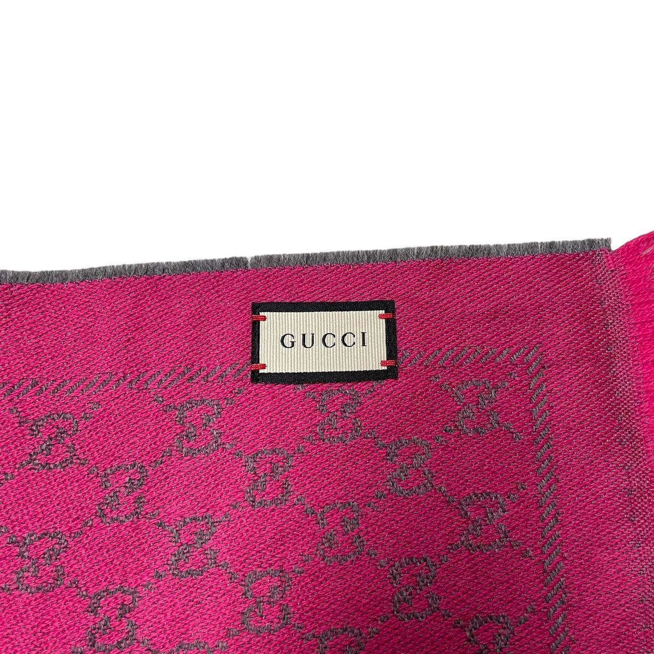 Gucci Grey and Pink GG Monogram Frayed Wool Scarf