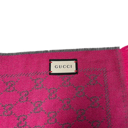 Gucci Grey and Pink GG Monogram Frayed Wool Scarf