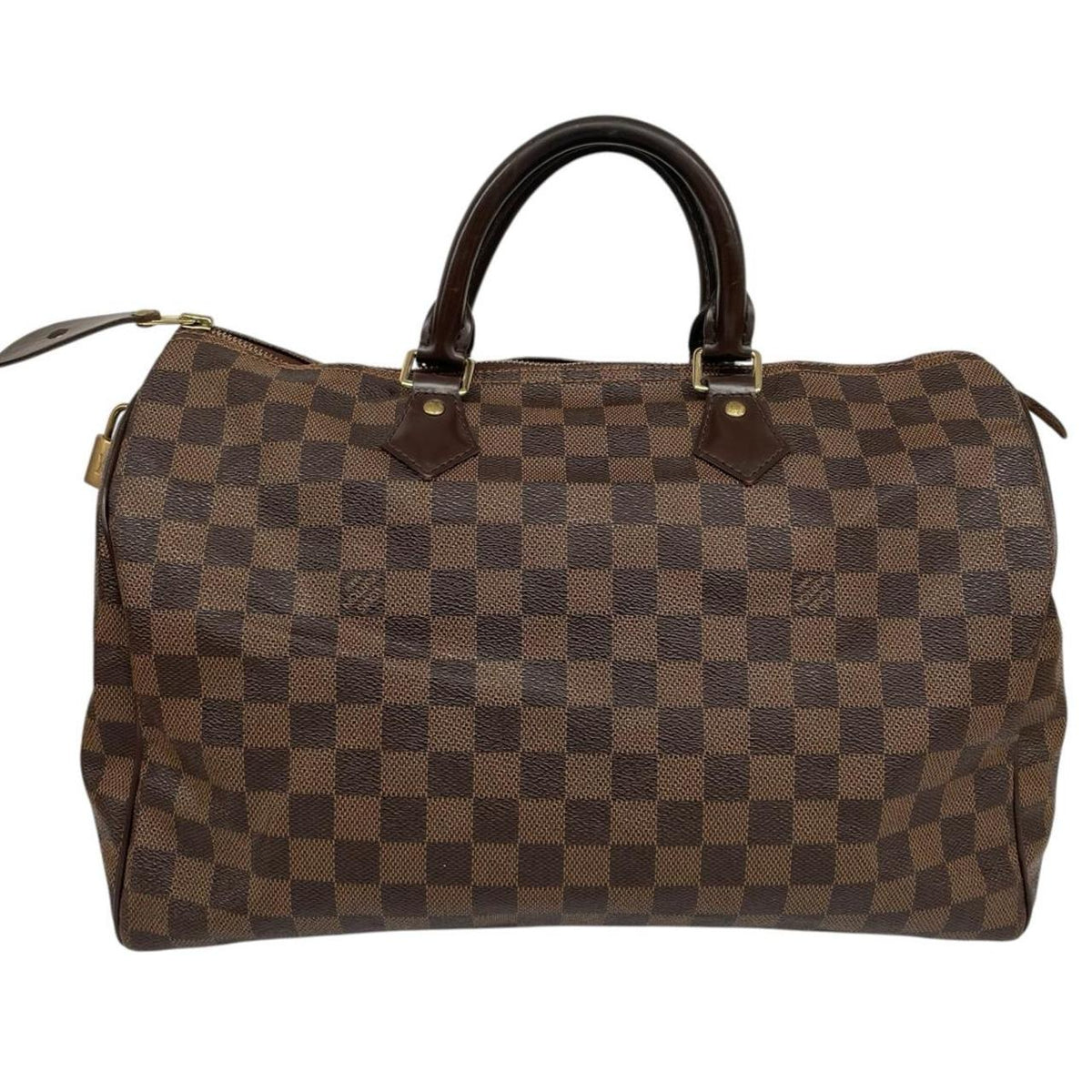 Louis Vuitton brown Damier Ebene canvas Speedy 35 bag with logo and gold-tone hardware.