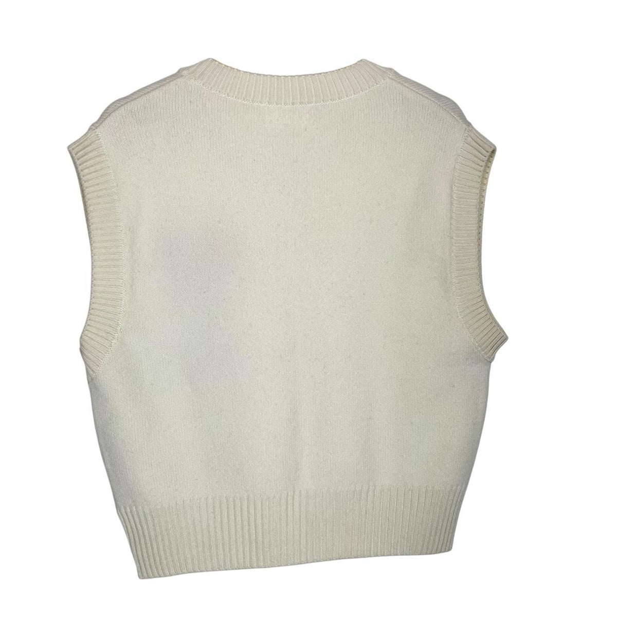 Ami Paris cream and red wool knit sweater vest with heart logo detail.
