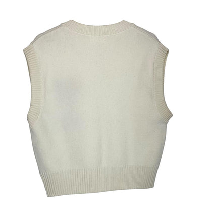 Ami Paris cream and red wool knit sweater vest with heart logo detail.