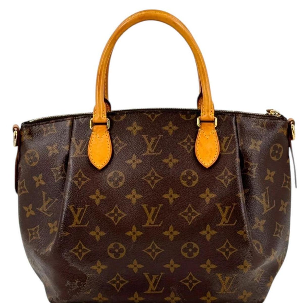 Louis Vuitton brown messenger bag with monogram canvas and leather trim details.