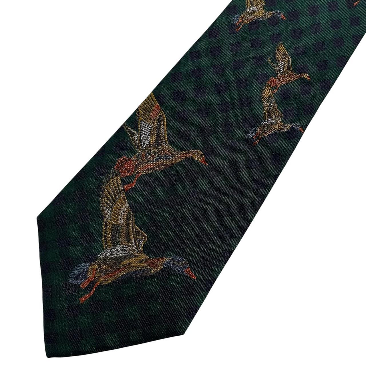 Polo Ralph Lauren green silk tie with embroidered duck pattern and logo.