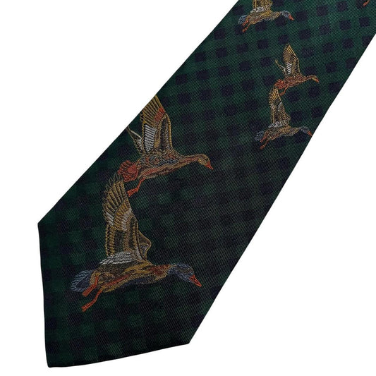 Polo Ralph Lauren green silk tie with embroidered duck pattern and logo.