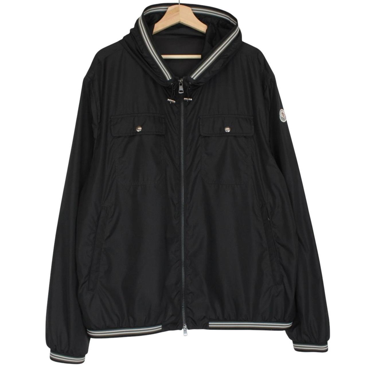 Moncler black windbreaker jacket full zip nylon with logo detail and excellent condition.