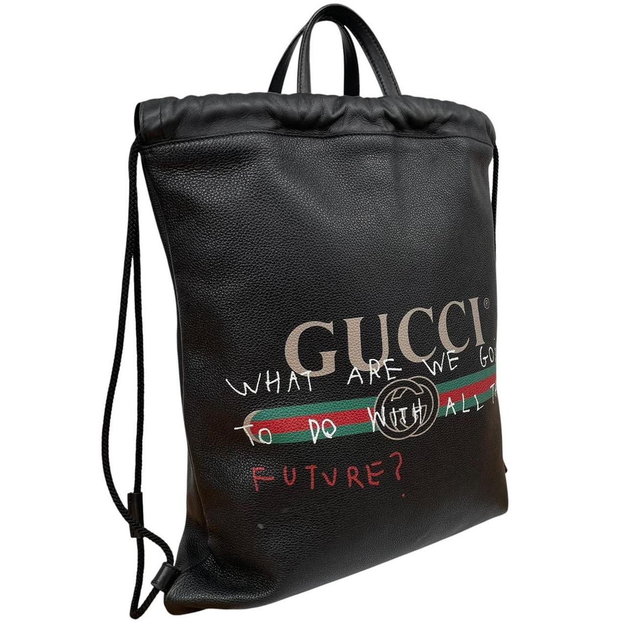 Gucci Black Coco Capitan Calfskin Leather Logo Print Drawstring Backpack
