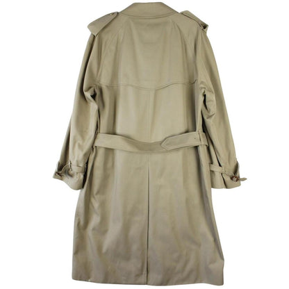 Burberry beige double-breasted belted trench coat with classic check lining and logo detail.