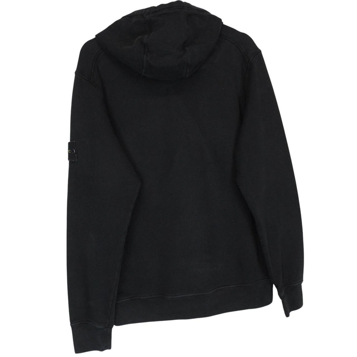 Stone Island black hoodie jumper with embroidered logo and cotton material.