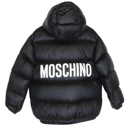 Moschino Black and White Full Zip Logo Print Puffer Jacket