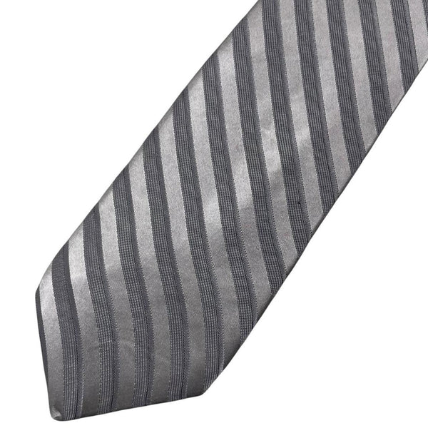 DKNY silver striped silk tie with elegant sheen and vintage design.