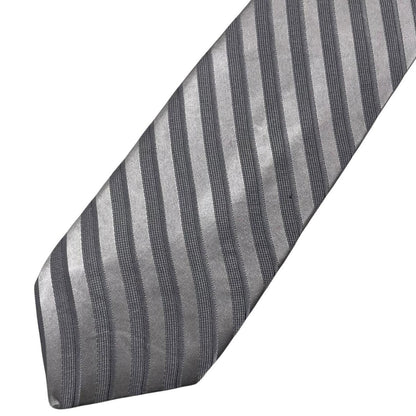 DKNY silver striped silk tie with elegant sheen and vintage design.