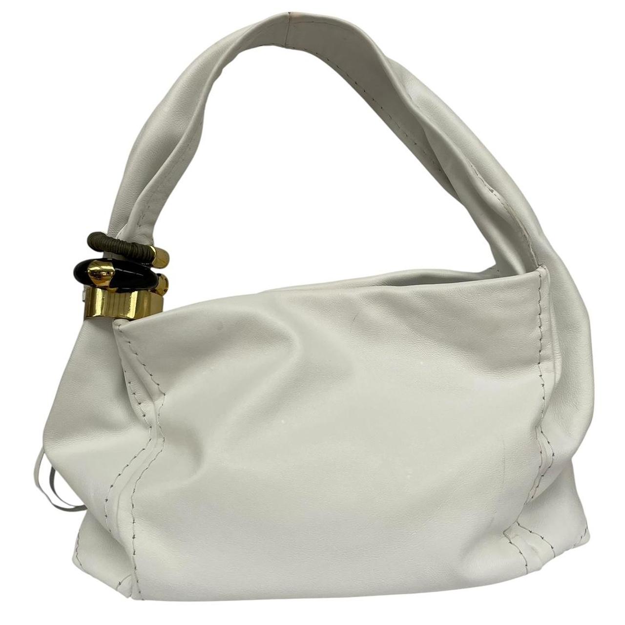 Jimmy Choo white leather hobo bag with subtle marks and logo detail.