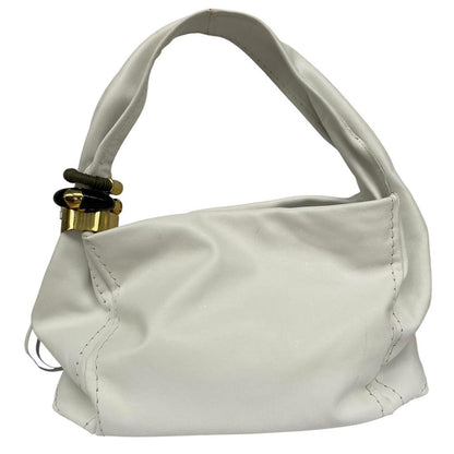 Jimmy Choo white leather hobo bag with subtle marks and logo detail.